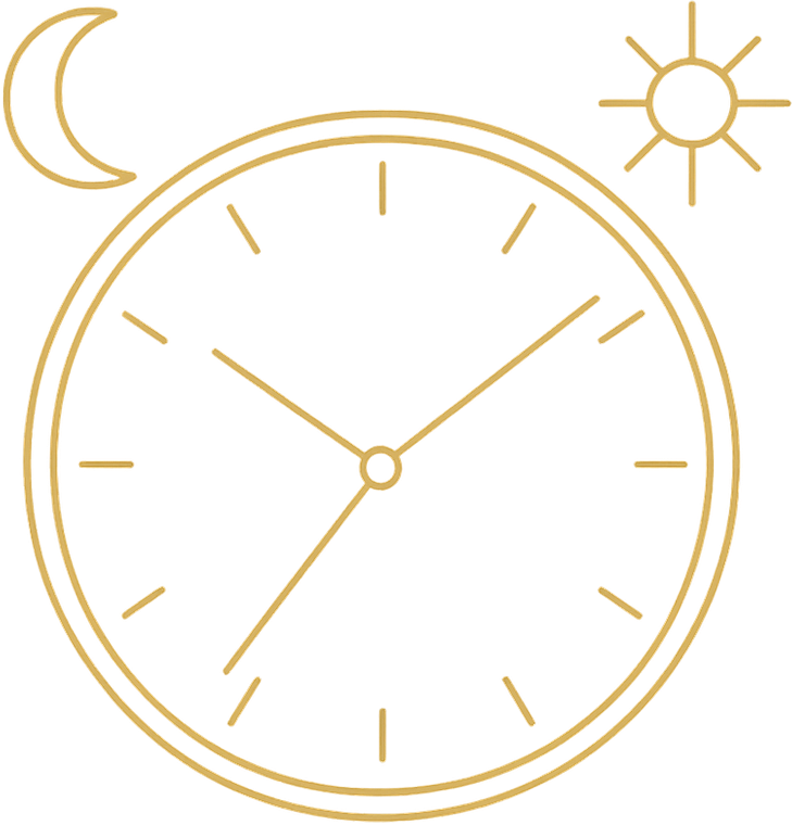 昼と夜を表す太陽と月を添えた時計のイラスト